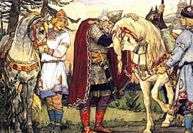 Вещий Олег прощается со своим конём в книжной иллюстрации